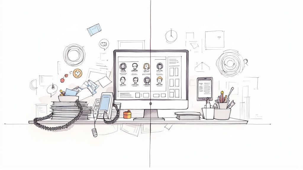 A side-by-side illustration of a cluttered and an efficient, digital workspace.