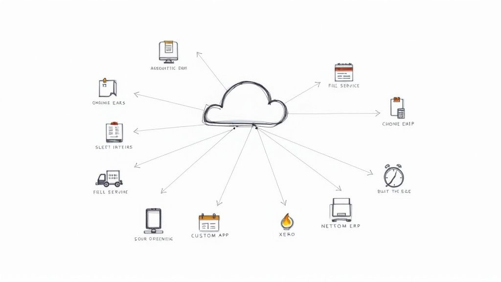 A sketch illustrating a cloud platform integrating with diverse business applications and services.