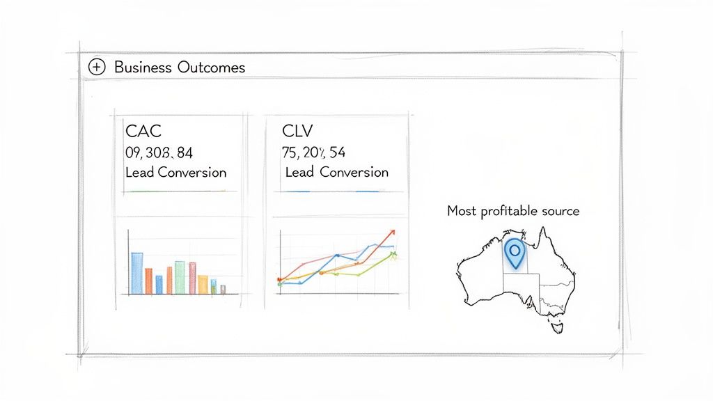A sketched business outcomes dashboard showing CAC, CLV metrics, lead conversion charts, and Australia map indicating a profitable source.