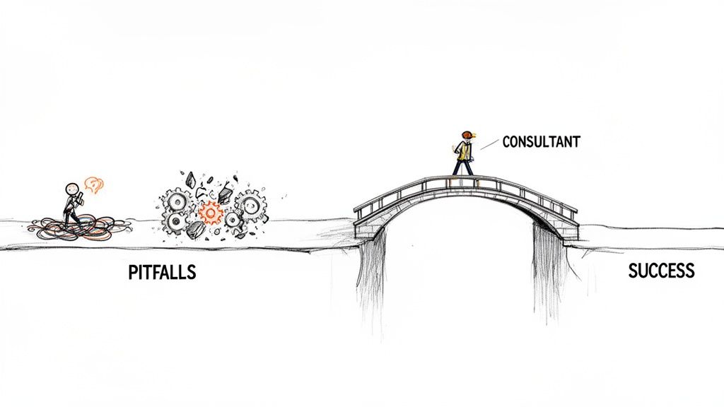 A consultant helps bridge the gap from business pitfalls and broken processes to success.