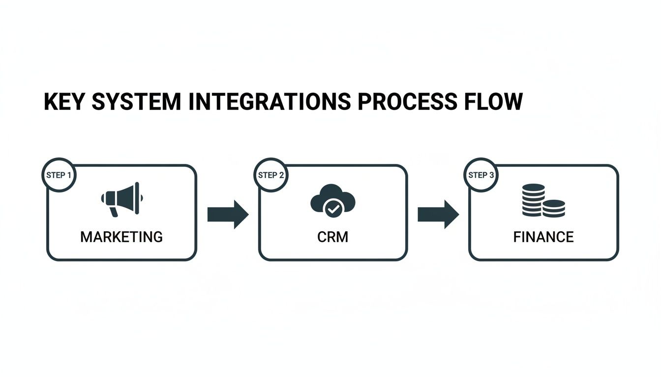 A three-step process flow diagram illustrating key system integrations: Marketing, CRM, and Finance.