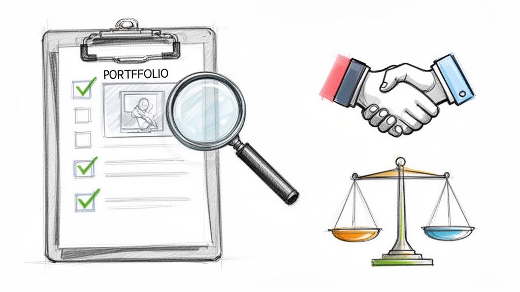 A sketch drawing showing a portfolio review, a business handshake, and a balance scale.