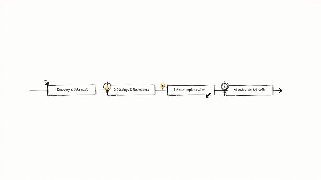 A hand-drawn flowchart depicting a four-stage process: Discovery & Data Audit, Strategy & Governance, Phase Implementation, and Activation & Growth.