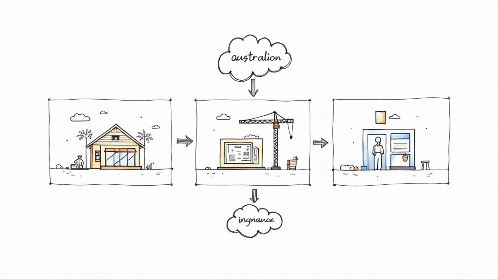 Sequential illustration depicting a house, its construction, and its transformation into a business.