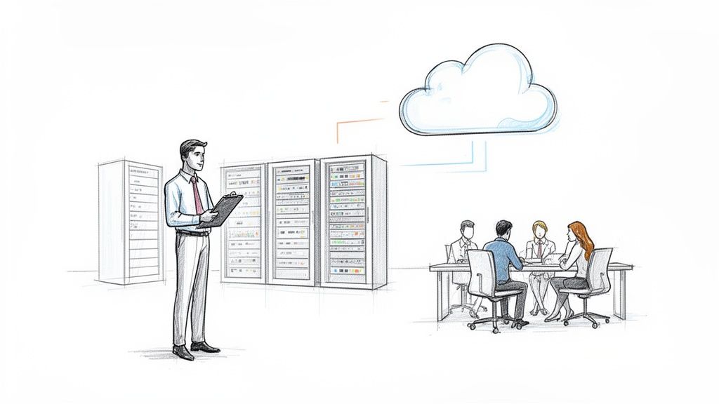 An IT professional checks server racks connected to a cloud and a team meeting.