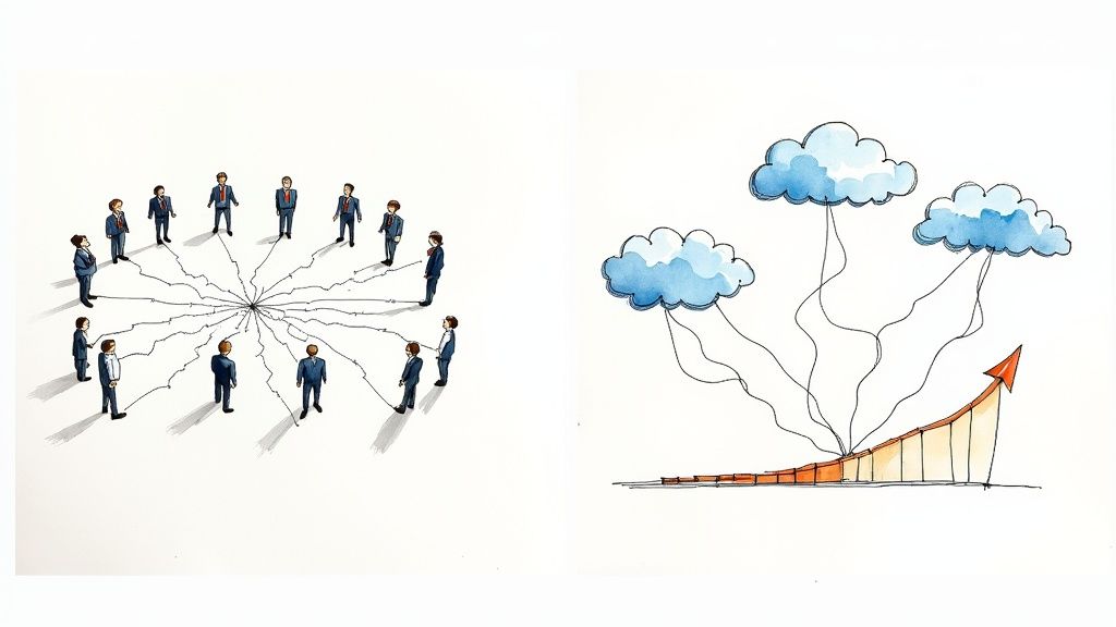 An image of business professionals collaborating around a screen showing data charts.