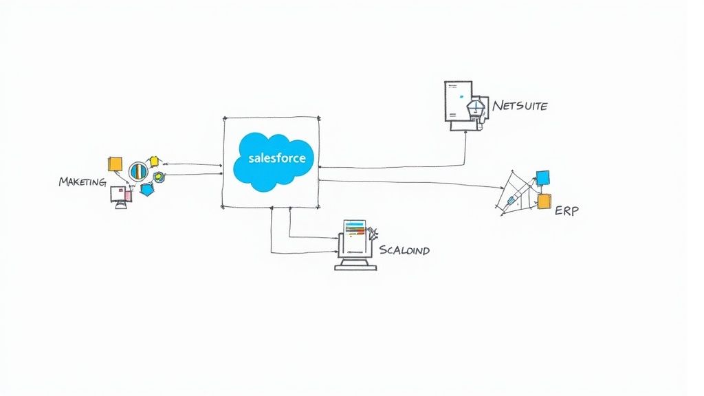 Several interlocking gears with software icons, representing the integration of different business systems with a central CRM.