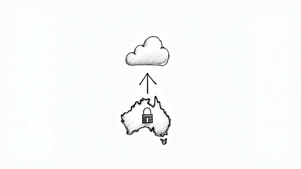 Sketch of secured data from Australia being uploaded to a cloud server.
