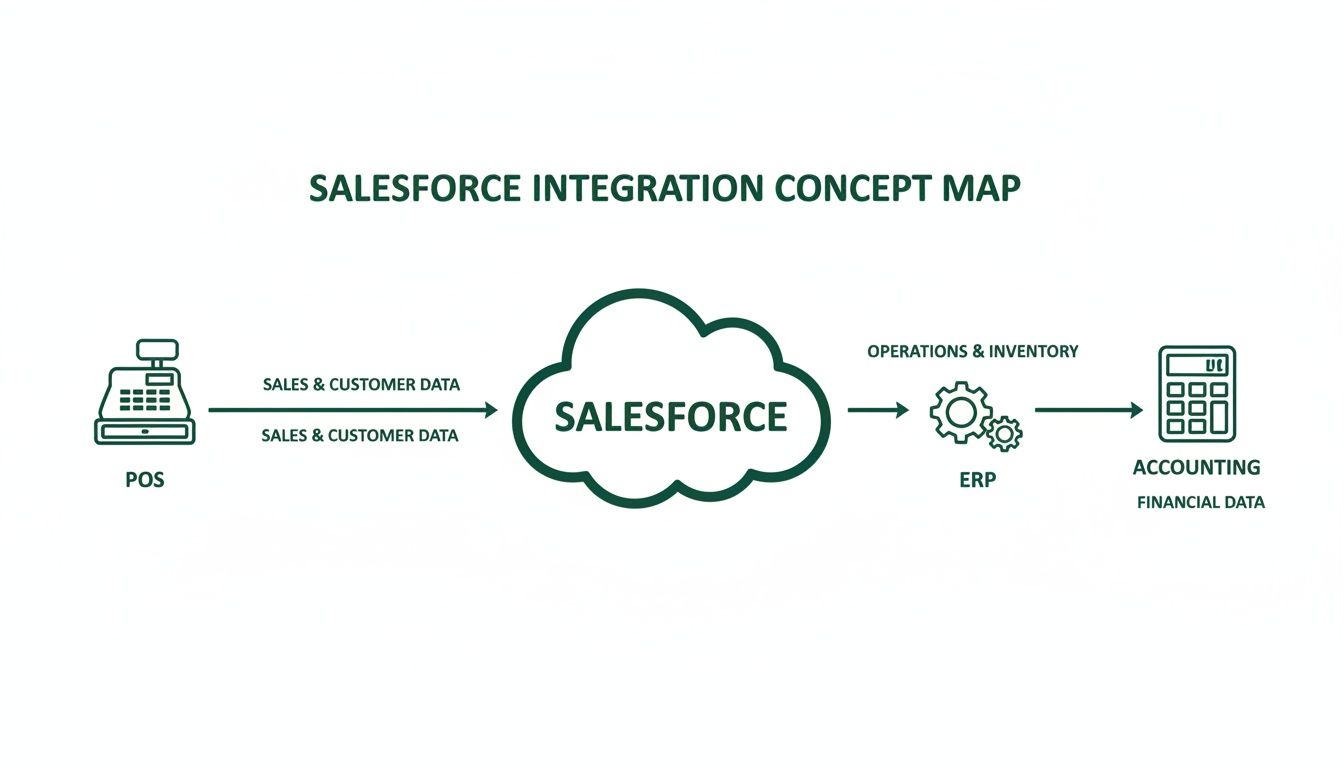 Diagram showing Salesforce integration with POS, ERP, and accounting for sales and financial data.