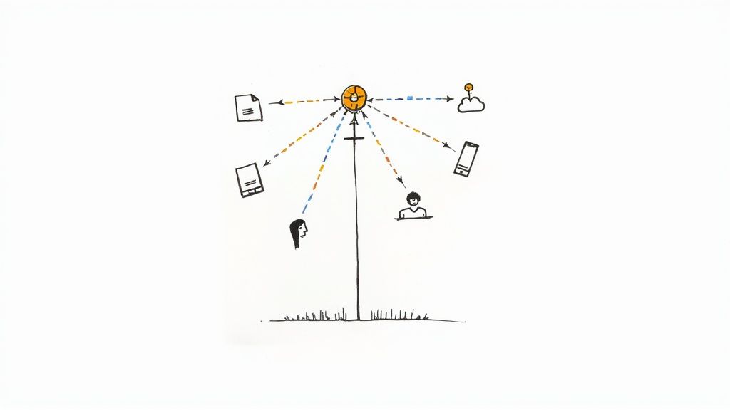 A team of healthcare professionals collaborating around a digital interface, representing the strategic nerve centre of a digital transformation hub.