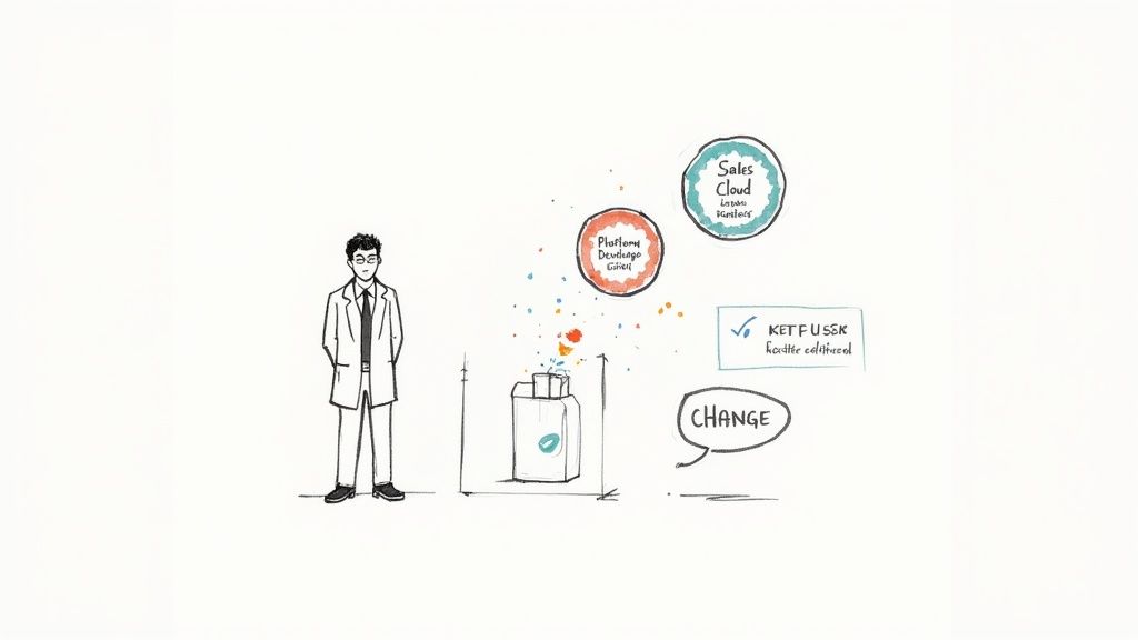 A consultant stands next to a whiteboard diagram illustrating Salesforce Sales Cloud and platform development with a 'CHANGE' note.