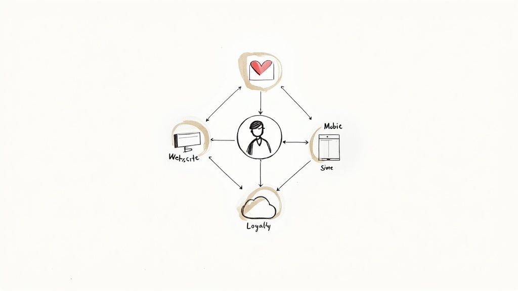 Diagram illustrating a customer connected to website, mobile, store, loyalty, and engagement channels.