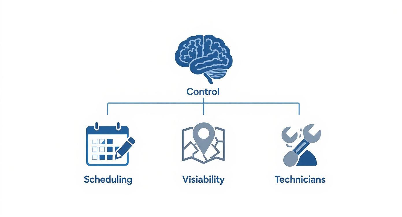 Infographic showing a brain icon for 'Control' overseeing 'Scheduling', 'Visibility', and 'Technicians' in field service.