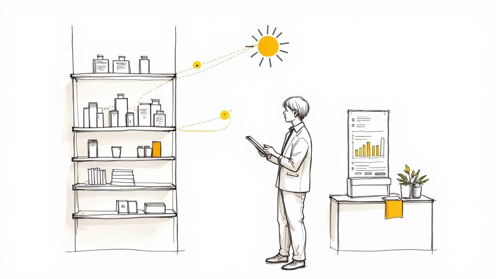 A man in a lab coat uses a tablet to monitor products on shelves, with data visualization.