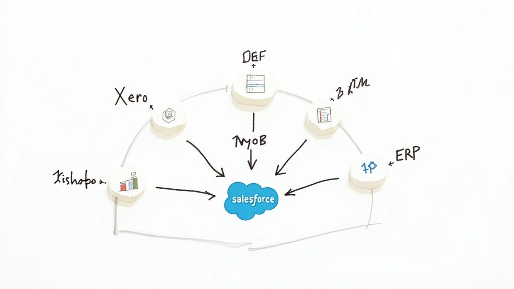Salesforce integration hub connecting multiple business applications including Xero, DEF, MYOB, ATM, ERP and Xishobo