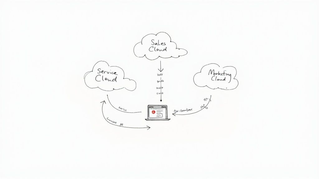 Diagram illustrating the interaction between Sales, Service, and Marketing Clouds with a central customer view.