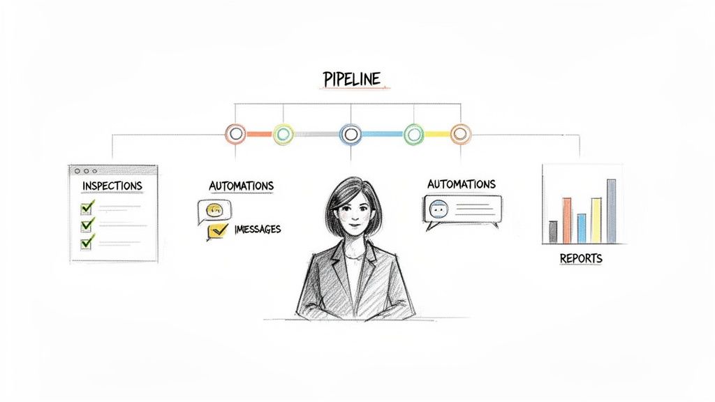 A pipeline diagram showing steps from inspections and messages, through automations, to reports, with a central business person.