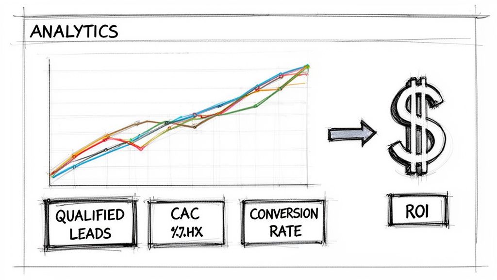Sketch illustrating analytics, a trend graph, qualified leads, CAC, conversion rate, and resulting ROI dollar sign.