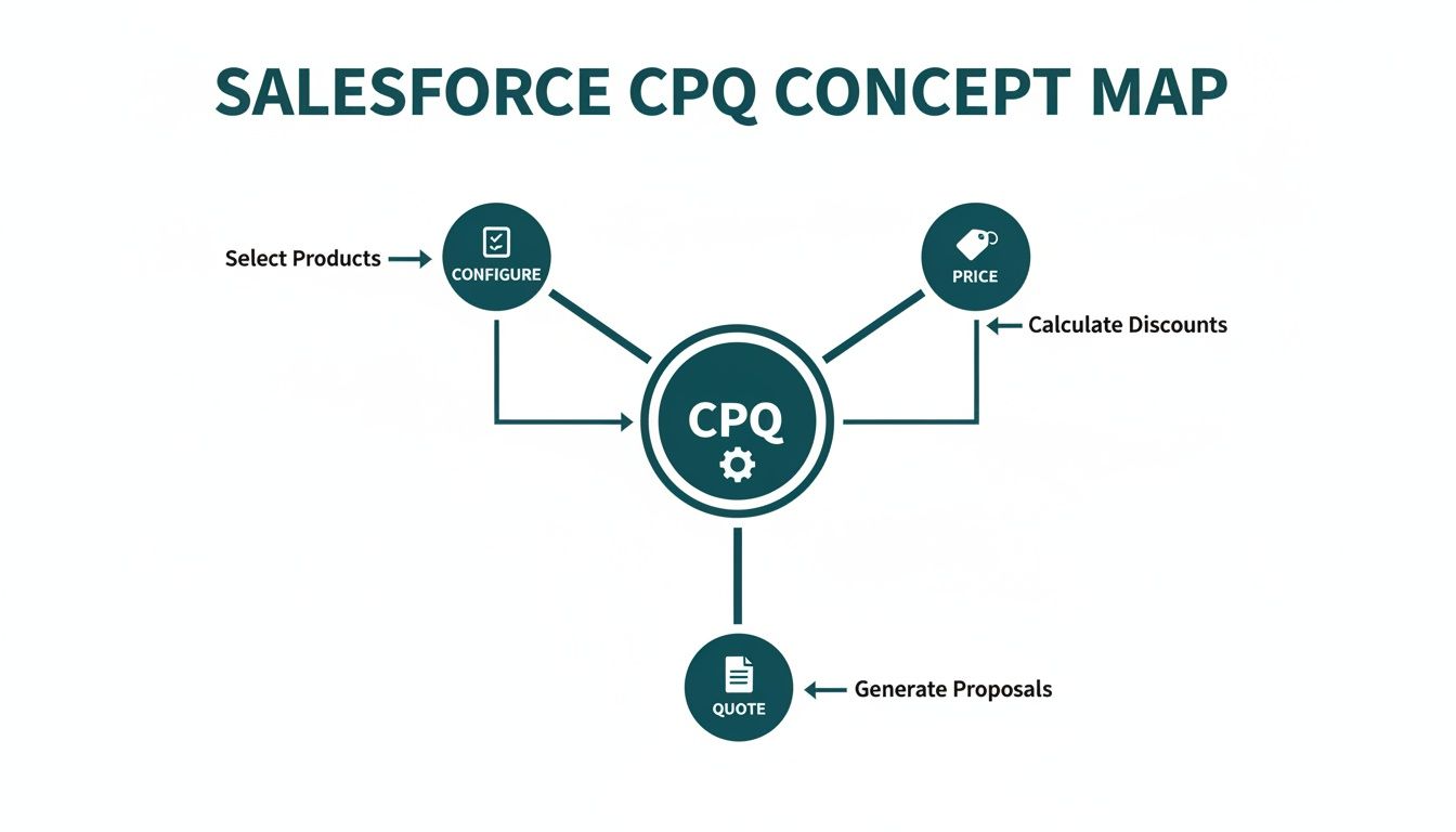 A concept map illustrating the Salesforce CPQ process: Configure, Price, Quote, and related actions.