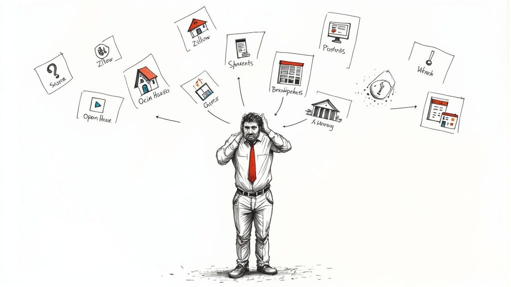 A real estate agent looking stressed while managing multiple devices and papers.