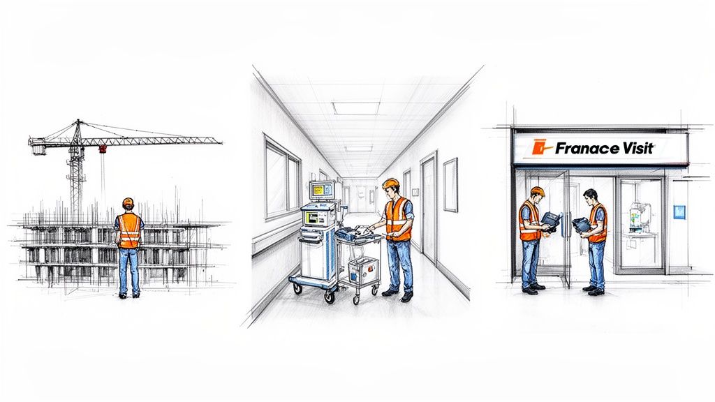 Illustrations of field service technicians working in construction, medical, and retail environments.
