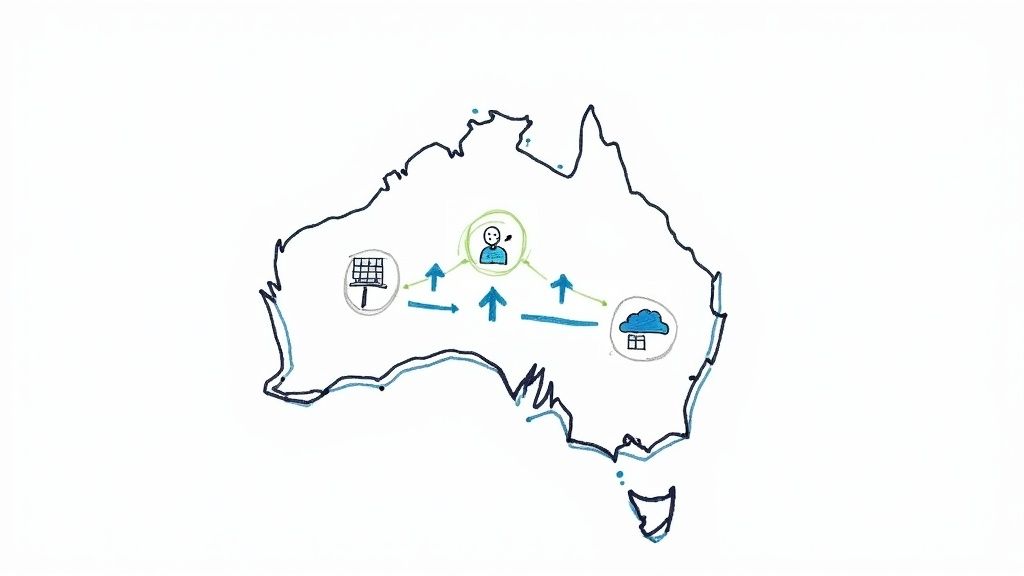 A hand-drawn map of Australia showing energy and data flow to a central user.