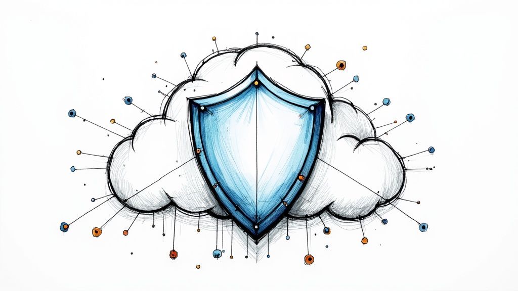 A team collaborating around a desk with laptops and documents, planning a project.