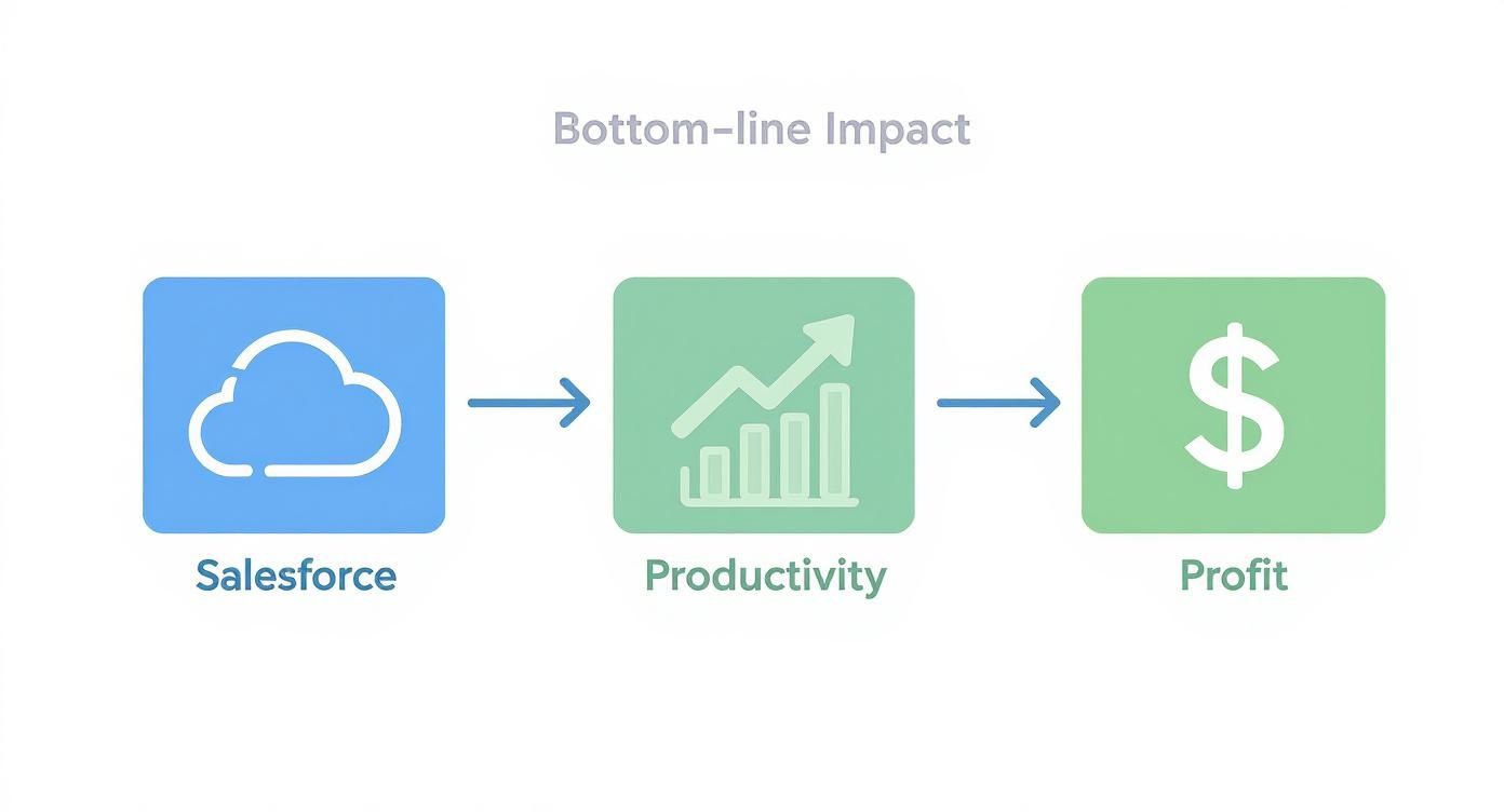 Salesforce cloud platform leading to productivity growth chart and profit dollar sign flowchart diagram