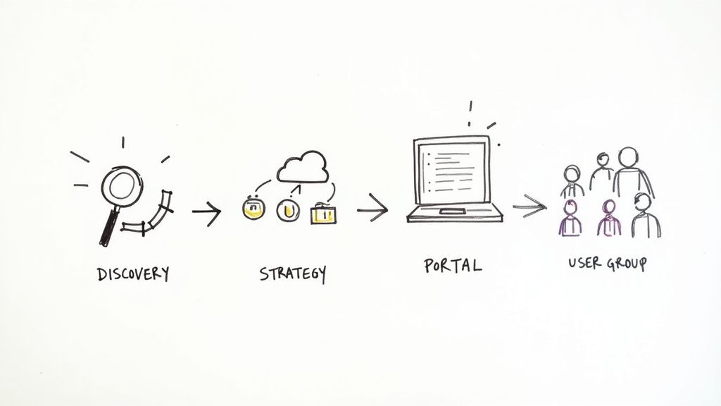An image of a project roadmap on a screen with team members reviewing it.