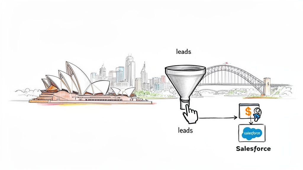Illustration of leads flowing from a sales funnel into Salesforce, featuring Sydney landmarks.