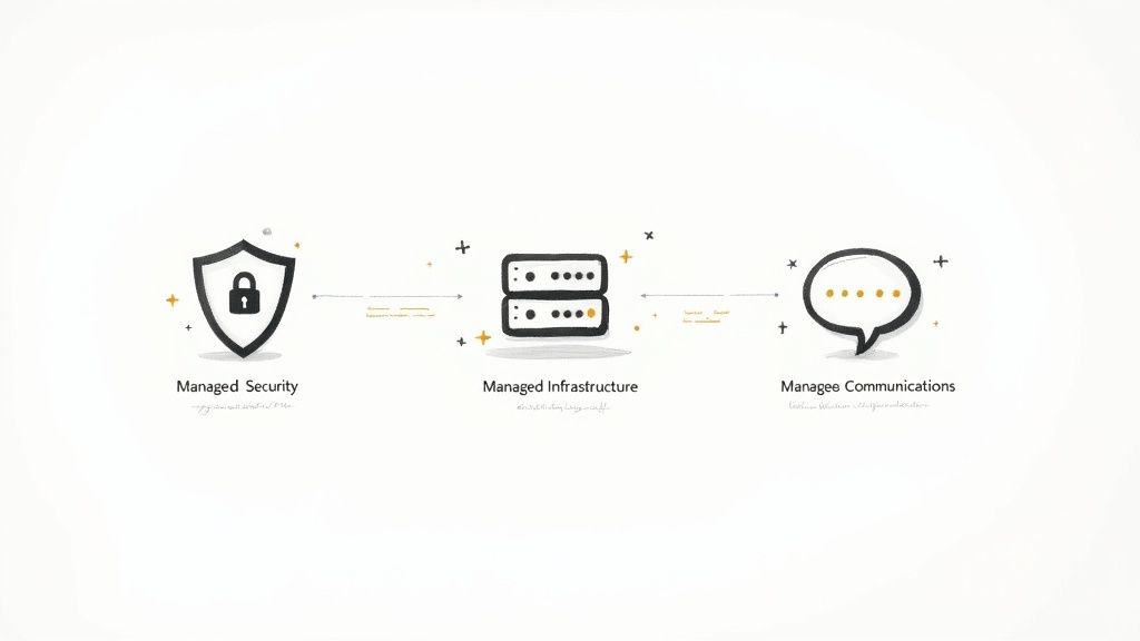 Three illustrated concepts: Managed Security, Managed Infrastructure, and Managee Communications, connected by arrows.