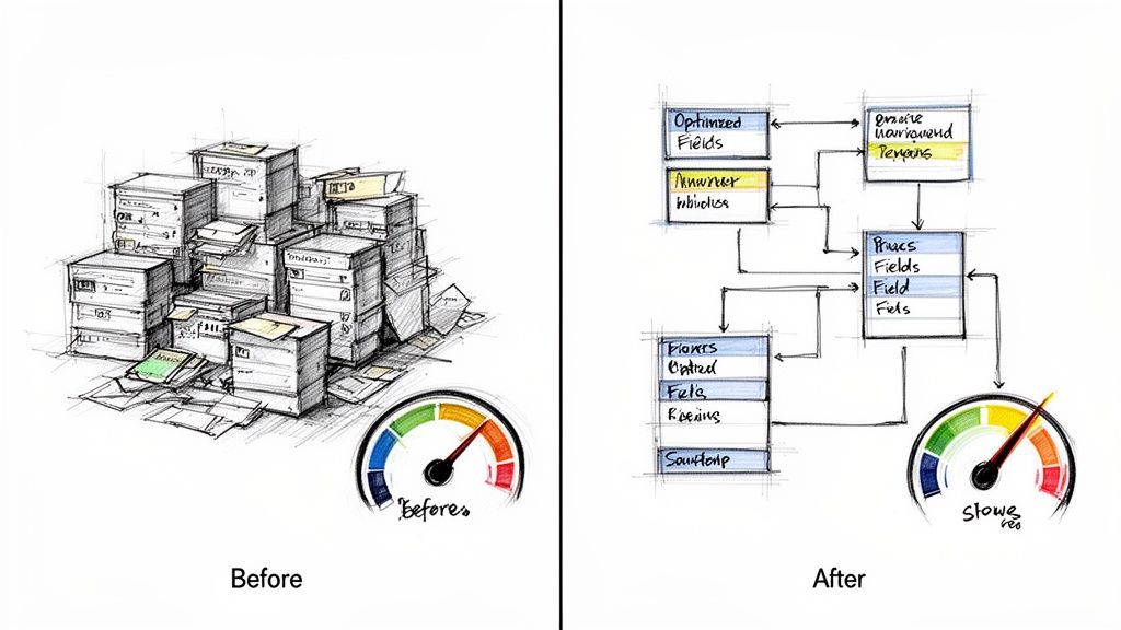 Before and after comparison: a messy pile of boxes versus an organized data flow diagram, showing improved efficiency.