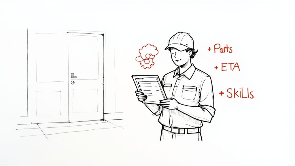 A service technician in a cap checks a tablet with notes on parts, ETA, and skills.