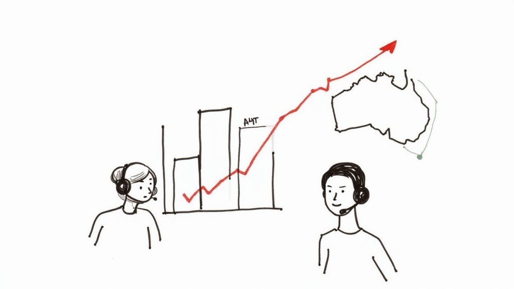 Two call center agents with headsets observe a rising bar graph and a map of Australia.