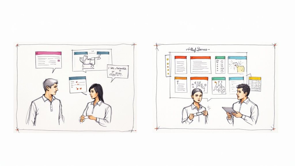 Two illustrations depict people discussing digital interfaces and content for help scenes.
