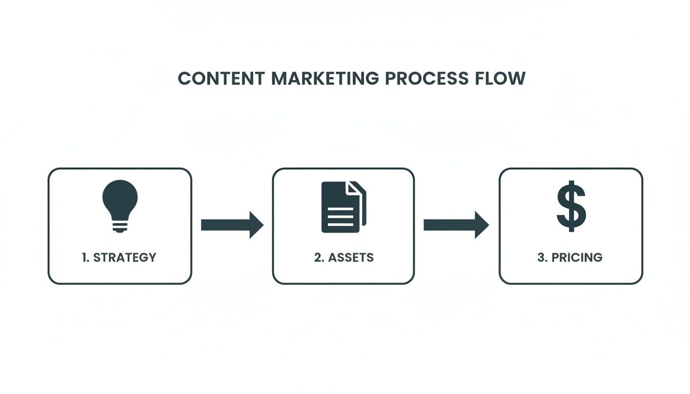 A content marketing process flow diagram with three steps: strategy, assets, and pricing.