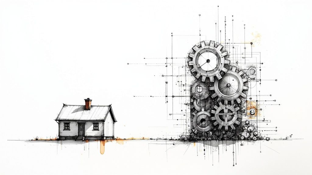 A group of professionals in a modern office collaborating on a business transformation strategy.