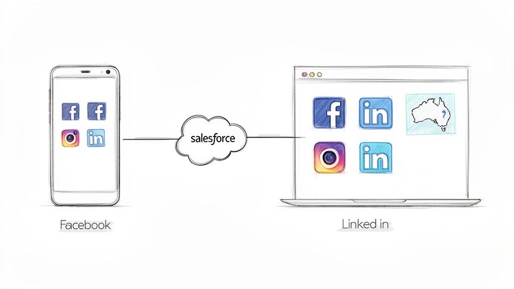 A visual showing social media apps on a phone connecting to a laptop via a Salesforce cloud.