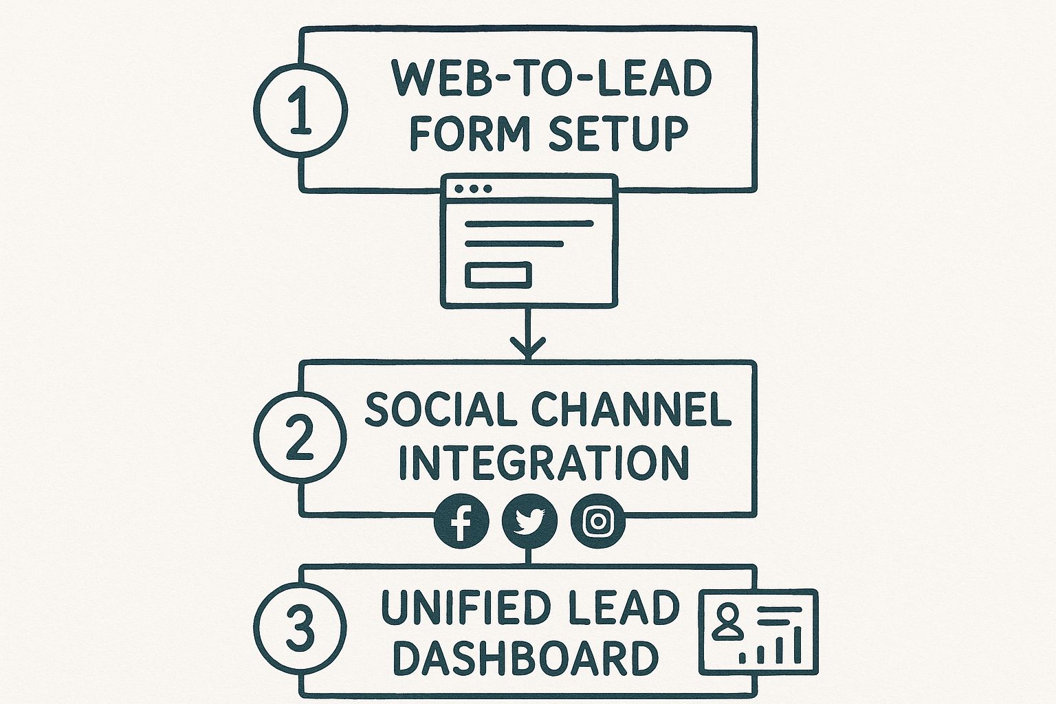 Infographic showing a three-step process: Web-to-lead form setup, Social channel integration, and a Unified lead dashboard.