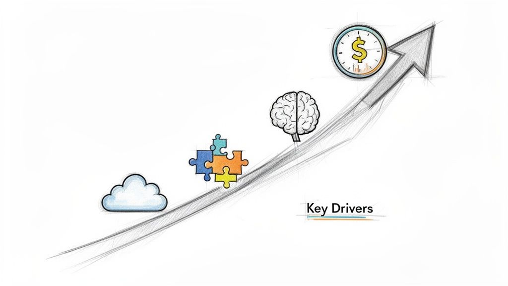 Icons illustrating business transformation key drivers: cloud technology, problem-solving, brainpower, and financial growth.