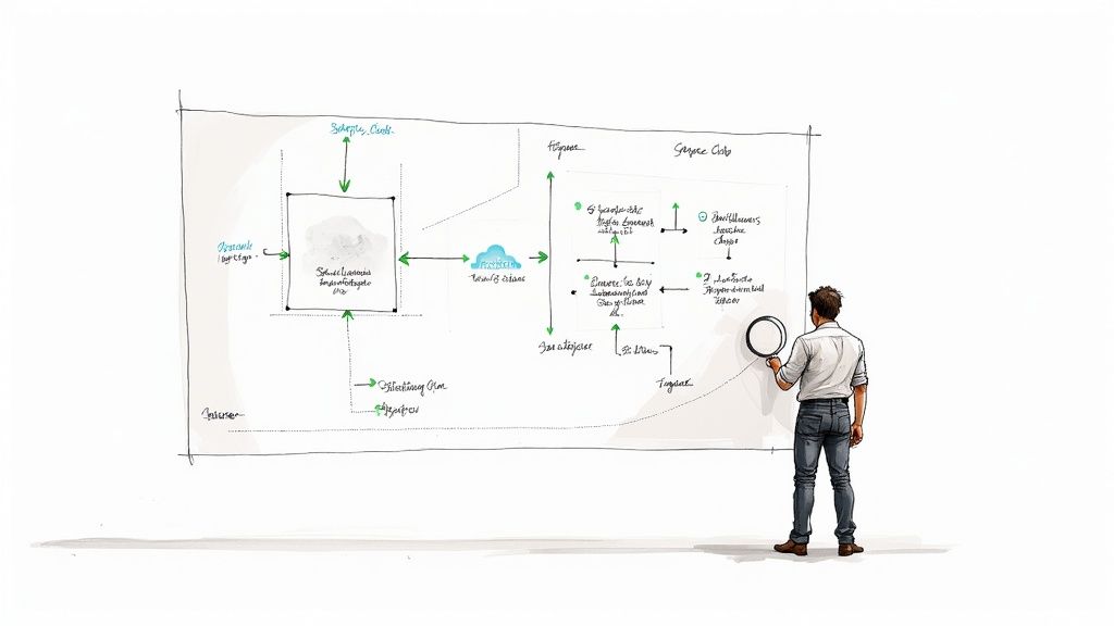 A consultant examines a complex workflow diagram on a whiteboard with a magnifying glass.