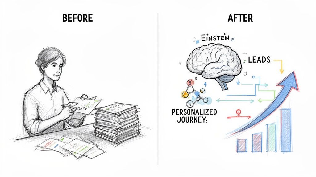 Manual paperwork transforming into AI-driven personalized marketing for increased leads and business growth.
