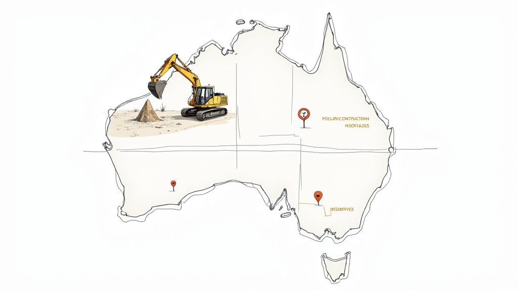 An illustrated map of Australia showing an excavator, a dirt pile, and three location pins with text.