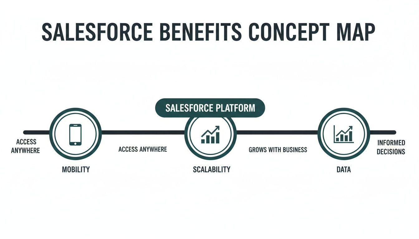 A concept map illustrating Salesforce platform benefits: mobility, scalability, and data for business growth.