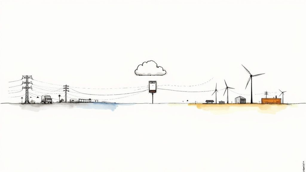 Watercolor illustration contrasting traditional power grids with wind energy, linked by cloud technology.