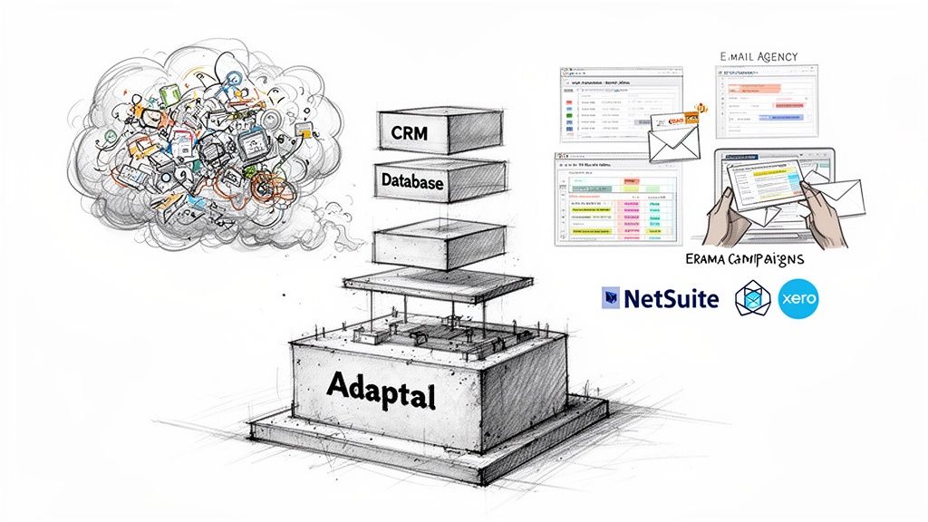 Illustration of Adaptal platform connecting CRM, databases, email campaigns, NetSuite, and Xero.