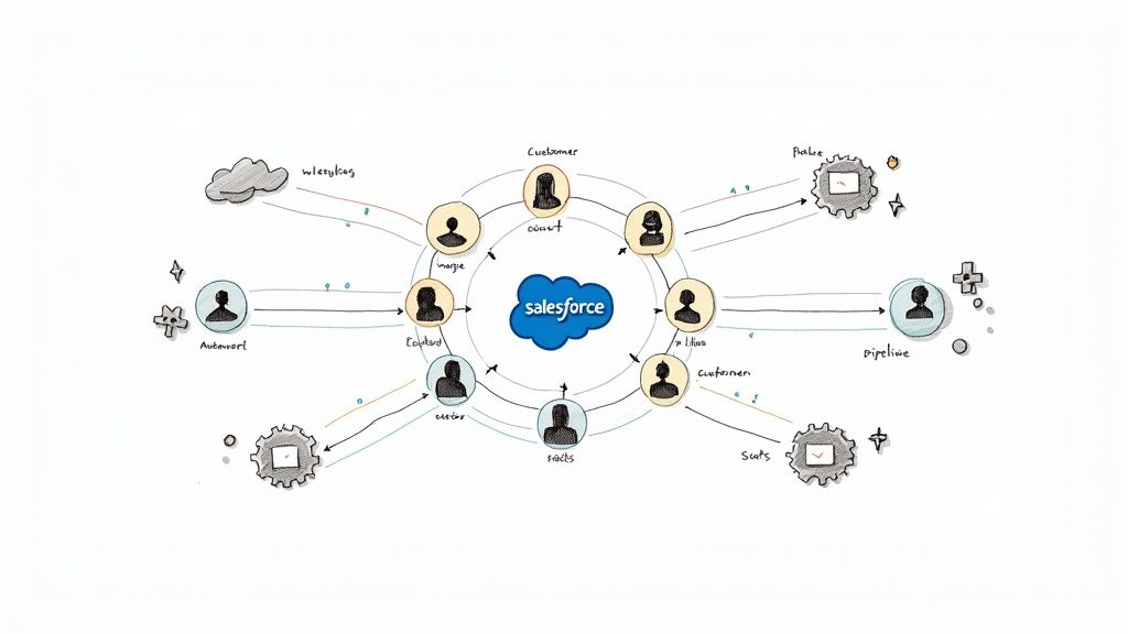 A modern office setting with people collaborating around a screen displaying Salesforce dashboards.