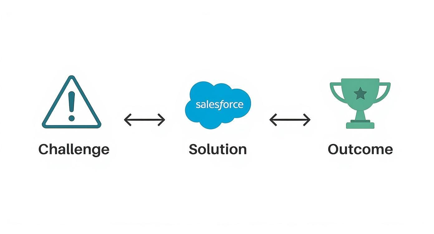 A diagram illustrates a business flow from a challenge icon to a Salesforce cloud solution, leading to a trophy outcome.