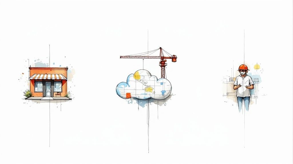 Watercolor illustration showing small business storefront, cloud computing infrastructure with crane, and construction worker with tablet
