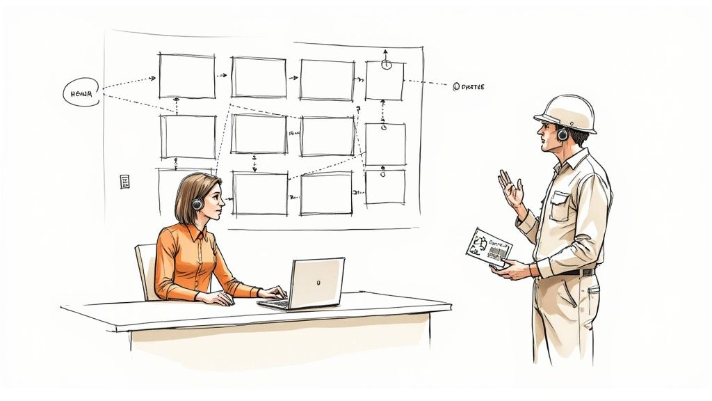 Two professionals, one at a laptop and one in a hard hat, discuss a workflow diagram.
